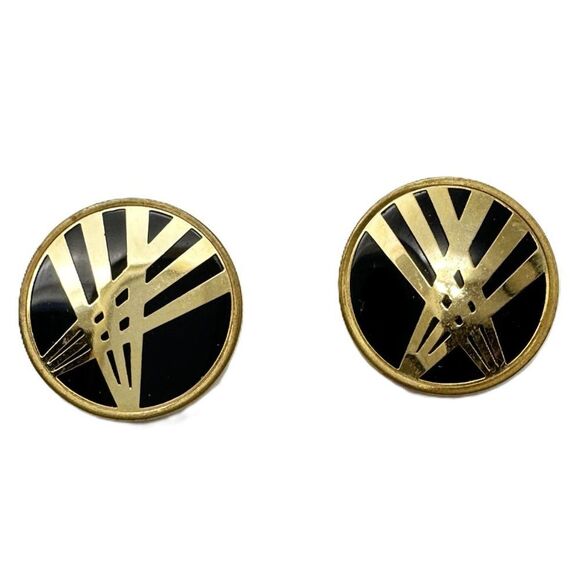 Vintage Black and Gold Button Costume Earrings Art Deco Revival 80s - Picture 2 of 5